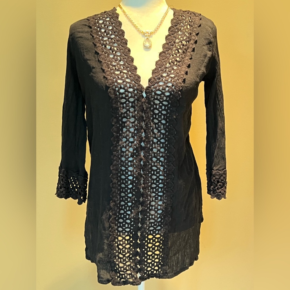 Raviya 🖤 Tunic Swim Coverup 100% Cotton Peek-a-Boo Lace Black Large
